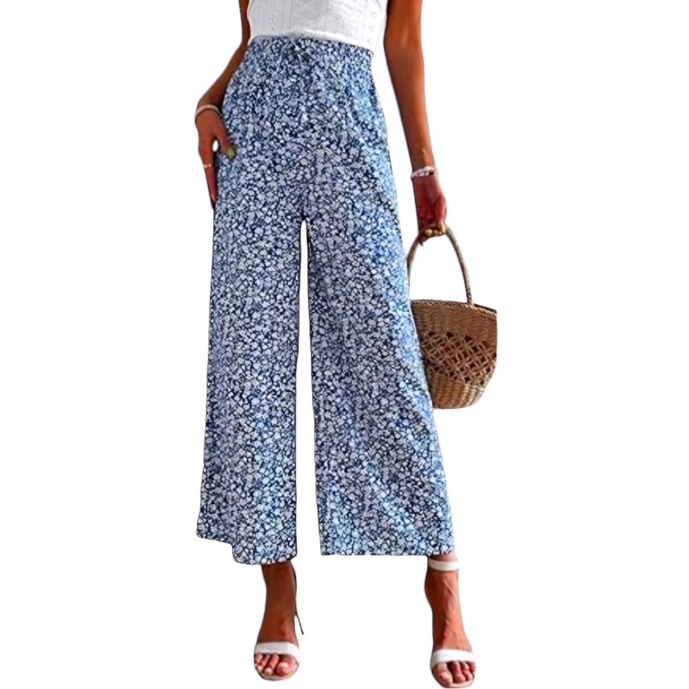 H&M Blue Floral Wide Leg Pants Size 10 High Waisted Flowy Palazzo Trousers